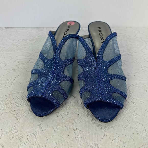 Proxy Navy Mesh and Sparkle Blue with silver Rhinestone, Slides, Block Heel, 9M - Picture 2 of 9
